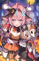  2girls absurdres animal_ears aqua_hair black_bow black_bowtie black_nails black_shorts black_skirt black_vest bow bowtie breasts cow_ears cow_girl cow_horns crop_top cup dark-skinned_female dark_skin drinking_glass fangs fishnet_thighhighs fishnets food fruit genshin_impact green_eyes halloween halloween_costume highres holding holding_cup holding_food holding_fruit horns long_hair mask mask_on_head midriff multicolored_bow multicolored_bowtie multicolored_hair multicolored_skirt multiple_girls navel nemu_o3o orange_bow orange_bowtie orange_skirt pink_hair shorts skirt streaked_hair thigh-highs varesa_(genshin_impact) vest violet_eyes white_hair wine_glass 