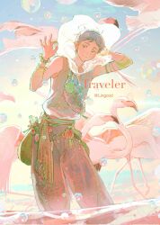  1boy armlet bird bracelet bubble conch fanny_pack flamingo grey_hair haikyuu!! highres holding jewelry lingcod_dayu looking_at_viewer male_focus mole mole_under_eye puffy_pants seashell shell sleeveless sugawara_koushi 