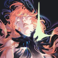  1girl black_background black_hands black_veil blue_veil closed_eyes colored_extremities facing_up floating_hair hands_up highres kilydwn long_hair nautika_(reverse:1999) parted_lips pink_hair portrait reverse:1999 solo sparkle two-tone_veil veil 