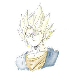  1boy 1rasutotoukou absurdres blonde_hair blue_shirt dragon_ball dragon_ball_z earrings green_eyes highres jewelry looking_at_viewer male_focus medium_hair muscular muscular_male orange_shirt potara_earrings shirt simple_background solo spiky_hair super_saiyan super_saiyan_1 upper_body vegetto white_background 