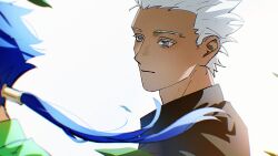  2boys archer_(casual_wear)_(fate) archer_(fate) black_shirt blue_eyes blue_hair code3755 commentary_request cu_chulainn_(aloha_shirt)_(fate) cu_chulainn_(fate) cu_chulainn_(lancer)_(fate) dark-skinned_male dark_skin fate/hollow_ataraxia fate_(series) green_shirt highres long_hair male_focus multiple_boys ponytail shirt white_hair 