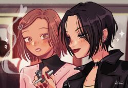  2girls artist_name black_hair black_jacket blush brown_hair choker cigarette earrings highres holding holding_cigarette holding_lighter jacket jewelry lighter multiple_girls nana_(series) red_lips short_hair slkflowr smile smoke sparkle swept_bangs turtleneck 