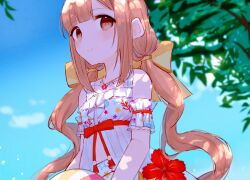 1girl arm_garter ball bare_shoulders beachball blue_sky blurry blurry_background bow brown_eyes brown_hair closed_mouth clouds commentary_request cowboy_shot day dress flower flower_necklace hair_bow highres holding holding_ball holding_beachball idolmaster idolmaster_cinderella_girls idolmaster_cinderella_girls_starlight_stage long_hair looking_at_viewer low_twintails outdoors red_flower red_ribbon ribbon sidelocks sky sleeveless sleeveless_dress smile solo tree tsuchi_(sh_spica1) twintails very_long_hair waist_ribbon white_dress yellow_bow yorita_yoshino 