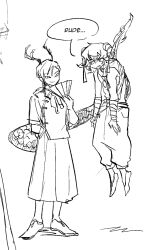  2girls antlers curly_hair dragon_girl dragon_horns dragon_tail folding_fan fur-tipped_tail gretia hand_fan highres horn_ornament horn_ribbon horns kicchou_yachie monochrome monster_girl multiple_girls paper_fan ribbon sheep_horns tail touhou toutetsu_yuuma turtle_shell 