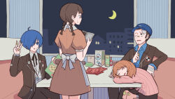  2boys 2girls ahoge apron armband back_bow bandaged_hand bandaged_leg bandages bandaid bandaid_on_cheek bandaid_on_face bandaid_on_finger bandaid_on_hand bandaid_on_knee bandaid_on_leg bandaid_on_nose baseball_cap black_hair black_jacket black_pants black_ribbon black_skirt blazer blue_eyes blue_hair blue_shirt blush bow braid brown_dress brown_eyes brown_hair cardigan chair collared_shirt crescent_moon digital_media_player dress facial_hair gekkoukan_high_school_uniform goatee_stubble hair_over_one_eye hat head_on_table headphones holding holding_menu iori_junpei jack_frost_(megami_tensei) jacket jewelry long_sleeves looking_at_another menu moko0143 moon multiple_boys multiple_girls neck_ribbon on_chair one_eye_closed pants parted_lips persona persona_3 pink_cardigan puffy_short_sleeves puffy_sleeves restaurant ribbon school_uniform shirt shirt_tug short_hair short_sleeves sitting skirt sleeping stubble sweatdrop takeba_yukari twin_braids unworn_armband waitress white_apron white_shirt yuuki_makoto_(persona_3) 