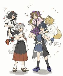  5girls animal_ears armor black_bow black_bowtie black_gloves black_hair black_necktie black_socks blonde_hair blue_dress blue_hat bow bowtie brown_hair cellphone checkered_clothes checkered_skirt closed_eyes coat collared_shirt commentary_request detached_sleeves dress fang flip_phone fox_ears fox_girl fox_tail frilled_shirt_collar frilled_skirt frills geta gloves green_ribbon grey_hair hair_between_eyes hat highres himekaidou_hatate holding holding_phone iizunamaru_megumu inubashiri_momiji kudamaki_tsukasa long_hair long_sleeves multiple_girls necktie open_mouth pauldrons phone pink_shirt pointy_ears pom_pom_(clothes) puffy_short_sleeves puffy_sleeves purple_hat purple_shoes red_eyes red_hat ribbon ribbon-trimmed_sleeves ribbon_trim romper sakic43899 sandals shameimaru_aya shirt shoes short_sleeves shoulder_armor shoulder_guard simple_background single_pauldron sitting_on_shoulder skirt sleeve_ribbon sleeveless sleeveless_coat smile socks sweatdrop tail tengu-geta tokin_hat touhou translation_request twintails white_background white_romper white_shirt white_socks wolf_ears wolf_girl wolf_tail 