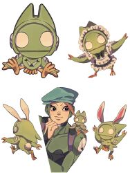  1boy absurdres alternate_costume animal_ears apron beret black_eyes blue_hat bodysuit english_commentary enmaided fake_animal_ears green_bodysuit hat highres jojo_no_kimyou_na_bouken maid maid_apron maid_headdress multiple_views non-humanoid_robot rabbit_ears robot siniy smile stand_(jojo) tail the_jojolands the_matte_kudasai usagi_aloha'oe white_apron white_background 