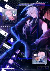  :d a_date_with_death absurdres black_gloves black_jacket black_shirt boots border casper_(a_date_with_death) chibi chibi_inset crossed_bangs figure_four_sitting foot_out_of_frame gloves grid hair_between_eyes hair_over_shoulder hand_on_own_head head_rest head_tilt high_collar highres holding holding_scythe icon_(computing) jacket jacket_partially_removed jellyfish_cut long_sidelocks looking_at_viewer muscular muscular_male official_art over_shoulder promotional_art red_eyes scythe shirt sidelocks sitting sleeveless sleeveless_shirt smile teeth upper_teeth_only weapon weapon_over_shoulder white_hair window_(computing) 