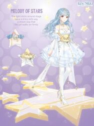  1girl anklet artist_request back_bow bare_shoulders blue_hair blunt_bangs bow brown_eyes character_name choker circlet close-up closed_mouth collarbone copyright_logo dot_nose dress english_text eyelashes frilled_dress frilled_sleeves frills full_body gold_circlet hair_ornament happy high_heels jewelry layered_sleeves lens_flare light_blush light_particles logo long_hair long_sleeves looking_at_viewer medium_dress melody_of_stars_(miracle_nikki) miracle_nikki nikki_(series) off-shoulder_dress off_shoulder official_art pantyhose pleated_dress pleated_sleeves polka_dot polka_dot_background print_bow puffy_short_sleeves puffy_sleeves purple_background shoes short_over_long_sleeves short_sleeves smile solo sparkle stage standing star_(symbol) star_choker star_hair_ornament star_print stiletto_heels tareme third-party_source vest wavy_hair white_bow white_choker white_dress white_pantyhose wide_sleeves yellow_shoes yellow_vest 