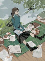  1girl aqua_sweater bird black_skirt black_socks book braid brown_hair cake cup day food full_body glasses highres long_hair long_sleeves no_shoes open_book original outdoors picnic picnic_basket picnic_blanket sitting skirt socks sugarlisu swallow_(bird) sweater teacup turtleneck turtleneck_sweater twin_braids 