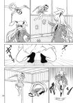  animal_ears bunny_ears comic crescent dojo dual_wielding highres hoshino_souichirou jumping konpaku_youmu long_hair monochrome multiple_girls reisen_udongein_inaba shinai short_hair skirt sword touhou translation_request weapon 