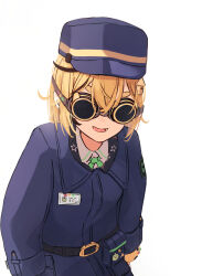  1girl black_streaks blonde_hair blue_hat blue_jacket commentary dooby dooby_(1st_costume) hat indie_virtual_youtuber jacket leaning_forward long_sleeves malvar pillbox_hat shirt solo thick_eyebrows train_conductor v-shaped_eyebrows virtual_youtuber welding_goggles white_shirt 