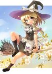 arm_support blonde_hair bow braid broom brown_eyes hair_bow hat katahira_masashi kirisame_marisa long_hair sitting smile solo touhou wild_and_horned_hermit witch witch_hat 