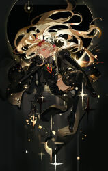  1girl absurdres black_boots black_dress black_gloves blonde_hair boots bow dark-skinned_female dark_skin dress earrings ereshkigal_(fate) ereshkigal_alter_(fate) fate/grand_order fate_(series) gloves highres jewelry long_hair mento red_bow red_eyes sparkle thigh_boots tiara two_side_up 