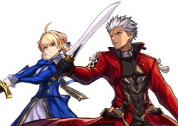 1boy 1girl absurdres archer_(fate) archer_(honkai:_star_rail)_(fate) artoria_pendragon_(fate) coat dark-skinned_male dark_skin excalibur_(fate/stay_night) fate/stay_night fate/unlimited_blade_works fate_(series) highres iamainwork kanshou_&amp;_bakuya_(fate) open_clothes open_coat red_coat saber_(fate) saber_(honkai:_star_rail)_(fate) spiky_hair 