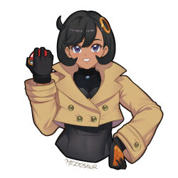  1girl black_bodysuit black_gloves black_hair blue_eyes blush bodysuit breasts brown_jacket cropped_torso dark-skinned_female dark_skin emma_(pokemon) gloves hair_ornament holding holding_poke_ball jacket latex latex_bodysuit looking_at_viewer mega_stone meziosaur open_mouth orange_gloves poke_ball poke_ball_(basic) pokemon pokemon_legends:_z-a short_hair simple_background smile solo two-tone_gloves violet_eyes white_background 