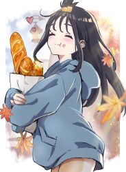  1girl :t bag black_hair blue_hoodie blush bread closed_eyes closed_mouth commentary_request eyelashes falling_leaves food food_on_face from_side happy heart highres hood hood_down hoodie leaf leggings lida_(pokemon) long_hair long_sleeves neppo_(kyeu4233) paper_bag pokemon pokemon_legends:_z-a sidelocks solo topknot 