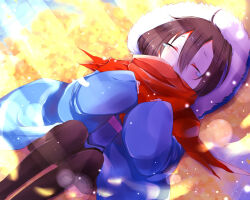  1other 2017 2d ambiguous_gender blue_shirt brown_hair brown_pantyhose child digital_media double_horizontal_stripe flower forut_dondon frisk_(undertale) fur-trimmed_jacket fur_trim hands_on_own_chest hood hood_up hooded_jacket horizontal-striped_clothes human jacket knees_up lying on_back other_focus pantyhose pantyhose_under_shorts pink_stripes red_scarf scarf short_hair shorts solo striped_clothes striped_shirt tears two-tone_shirt undertale utdr_(toby_fox) yellow_flower 