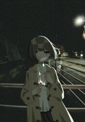  1girl bags_under_eyes bandaid bandaid_on_cheek bandaid_on_face black_skirt brown_coat burning closed_mouth coat film_grain fire highres holding holding_letter holding_matchstick kisaragi4050 lamppost letter matches night open_clothes open_coat original outdoors photo_background road skirt solo toggles 