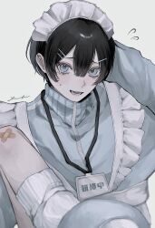 1boy absurdres apron arm_behind_head bandaid bandaid_on_knee bandaid_on_leg black_hair blue_eyes commentary crossdressing crossdressing_(mtf) hair_between_eyes hair_ornament hairclip highres jersey_maid lanyard long_sleeves looking_at_viewer lower_teeth_only maid maid_apron maid_headdress open_mouth original parallel_hairclips short_hair simple_background smile socks solo sweatdrop teeth unconventional_maid white_background white_socks yuhiyo 