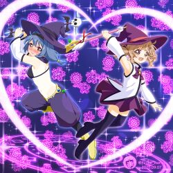  2girls :d absurdres alternate_costume arm_up arms_up artist_name bikini bikini_top_only black_hairband black_thighhighs blue_hair blush boots bow bowtie commentary_request cosplay dated detached_sleeves embarrassed fang flat_chest flying fujino_mariya hair_ornament hairband hairclip hat heart high_collar highres long_hair looking_at_viewer low_twintails midriff mirakurun mirakurun_(cosplay) multiple_girls navel oomuro_sakurako open_mouth parallel_hairclips puffy_pants purple_bow purple_skirt rivalun rivalun_(cosplay) shirt skin_fang skirt sleeveless sleeveless_shirt smile swimsuit thigh-highs twintails wand white_shirt witch_hat yellow_boots yellow_eyes yuruyuri 