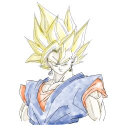  1boy 1rasutotoukou absurdres blonde_hair blue_shirt dragon_ball dragon_ball_z earrings green_eyes highres jewelry male_focus medium_hair muscular muscular_male orange_shirt potara_earrings shirt simple_background solo spiky_hair super_saiyan super_saiyan_1 upper_body vegetto white_background 