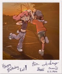  1boy 1girl arm_up aubrey_(birthday)_(omori) aubrey_(faraway)_(omori) aubrey_(omori) backwards_hat baseball_cap blue_pants blush brown_hair camouflage camouflage_shorts car closed_eyes commentary crop_top dark-skinned_male dark_skin denim english_text evening grey_hat happy_birthday hashtag-only_commentary hat highres hood hoodie jeans kel_(birthday)_(omori) kel_(faraway)_(omori) kel_(omori) locked_arms long_hair long_sleeves low_ponytail motor_vehicle ms_yuri1 navel omori open_mouth orange_hoodie outdoors pants photo_background pink_hair ponytail power_lines shoes short_hair short_ponytail shorts sleeveless smile sneakers sunset symbol-only_commentary torn_clothes torn_jeans torn_pants 