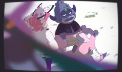  1girl bat_(animal) border bow coat crobat drill_hair drill_sidelocks fangs flipped_hair flying forehead_jewel fur_coat fur_jacket galarian_slowbro galarian_slowking gem green_gemstone grey_border hair_bow hairband isutai jacket klara_(pokemon) looking_at_viewer motion_blur open_mouth pink_hair pokemon pokemon_(creature) pokemon_swsh print_shorts purple_thighhighs short_hair shorts sidelocks simple_background standing thigh-highs two-tone_thighhighs upper_body white_background white_bow white_hairband yellow_eyes 