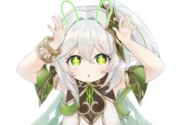  1girl absurdres arms_up bare_shoulders bracelet commentary_request drawn_ears genshin_impact gold_trim green_eyes green_hair hair_between_eyes highres iroha_(mimi0618xx) jewelry long_hair looking_at_viewer multicolored_hair nahida_(genshin_impact) parted_lips pointy_ears rabbit_pose side_ponytail simple_background sleeveless solo star-shaped_pupils star_(symbol) symbol-shaped_pupils twitter_username upper_body white_background white_hair 