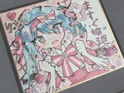  1girl beads blue_hair blush_stickers bow bowtie gloves hatsune_miku heart highres long_hair looking_at_viewer open_mouth shikishi single_blush_sticker sn_(sn_utu00) solo star-shaped_pupils star_(symbol) striped_bow striped_bowtie striped_clothes symbol-shaped_pupils traditional_media twintails upper_body vocaloid white_gloves 