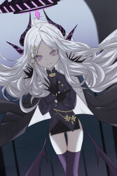  1girl ahoge aptem black_coat black_gloves black_halo black_skirt blue_archive breasts coat coat_on_shoulders demon_girl demon_horns demon_wings gloves halo highres hina_(blue_archive) horns long_hair looking_at_viewer low_wings skirt small_breasts solo standing very_long_hair violet_eyes white_hair wings 