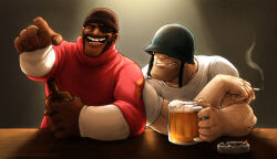  ashtray beer_bottle beer_mug bottle cup dark-skinned_male dark_skin demoman_(tf2) elbows_on_table eyepatch facial_hair hard_hat helmet highres holding holding_bottle holding_cup indoors laughing lintufriikki mug pointing red_sweater shirt skullcap soldier_(tf2) stubble sweater team_fortress_2 white_shirt 