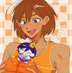  2boys ball barefoot basketball_(object) black_eyes blush brown_hair checkered_clothes closed_eyes collarbone colored_skin commentary_request confetti dark-skinned_male dark_skin double-parted_bangs dual_persona hair_between_eyes hat highres holding holding_ball kel_(faraway)_(omori) kel_(headspace)_(omori) kel_(omori) looking_at_another male_focus mini_person miniboy multiple_boys nata_kadu omori open_mouth party_hat purple_hair purple_shorts short_hair shorts smile tank_top white_skin 