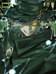  1boy buttons cloak collared_cloak concentric_circles edmond_dantes_(fate) fate/grand_order fate_(series) fedora glowing glowing_eyes green_cloak green_hair grin hair_over_one_eye hat high_collar highres lightning looking_at_viewer medium_hair smile solo suzuhi_(fullprayer) yellow_eyes 