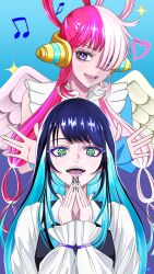  2girls absurdres ado_(utaite) aegyo_sal angel_wings bilingual_commentary black_nails blue_eyes blue_hair chando_(ado) colored_inner_hair commentary english_commentary hair_over_one_eye highres long_hair long_sleeves mixed-language_commentary mole mole_under_eye multicolored_hair multiple_girls musical_note nail_polish one_piece one_piece_film:_red open_mouth own_hands_together red_hair shirt split-color_hair teeth tomoyaku two-tone_hair uta_(one_piece) utaite violet_eyes white_hair white_shirt wings 