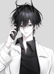  1boy aegyo_sal artist_request black_hair black_shirt coat collared_shirt commission demon_horns double-parted_bangs hair_between_eyes half-closed_eye hashtag-only_commentary highres holding holding_phone horns kim_dokja looking_at_viewer male_focus messy_hair omniscient_reader&#039;s_viewpoint open_clothes open_coat phone popped_collar portrait shirt short_hair short_sleeves smirk solo straight-on talking_on_phone white_coat 