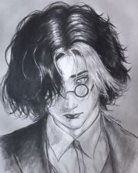  1boy absurd_art0 adventure_time aegyo_sal black_eyes black_hair curtained_hair glasses hair_over_one_eye highres looking_at_viewer male_focus short_hair simon_petrikov single_hair_streak solo traditional_media white_streaks 