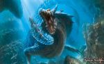  fins fish glowing glowing_eyes highres horns lagiacrus monster monster_hunter monster_hunter_3 open_mouth rock scales shark sharp_teeth swimming tail teeth tongue underwater water 