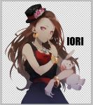  bangle bow bracelet brown_hair bunny character_name checkered checkered_background earrings hat idolmaster jewelry long_hair minase_iori naye necklace pink_eyes rabbit smile solo stuffed_animal stuffed_toy 