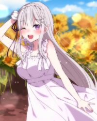  1girl ;d absurdres alternate_costume arm_at_side arm_up bare_arms black_ribbon blue_sky blunt_bangs blurry blurry_background blush braid breasts clouds commentary_request cowboy_shot crown_braid day dirt dress elf emilia_(re:zero) field flower flower_field grey_hair hair_flower hair_ornament hair_ribbon highres large_breasts lens_flare light_particles long_hair looking_at_viewer maria_0422 one_eye_closed open_mouth outdoors pointy_ears re:zero_kara_hajimeru_isekai_seikatsu ribbon signature sky sleeveless sleeveless_dress smile solo standing sundress sunflower sunflower_field teeth twitter_username upper_teeth_only very_long_hair violet_eyes white_dress white_flower yellow_flower 