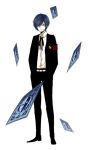  arisato_minato armband blue_eyes blue_hair bow card male persona persona_3 ribbon school_uniform simple_background smile solo 