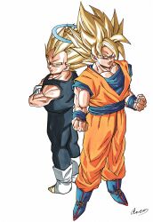  2boys back-to-back blonde_hair blue_bodysuit blue_boots blue_halo blue_sash blue_shirt blue_wrist_cuffs bodysuit boots clenched_hands dougi dragon_ball dragon_ball_z full_body gloves green_eyes halo highres male_focus medium_hair multiple_boys muscular muscular_male orange_pants orange_shirt pants ruemr03190_0 sash shirt signature solo son_goku spiky_hair super_saiyan super_saiyan_1 vegeta white_background white_boots white_gloves wrist_cuffs 