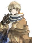  alternate_hairstyle axis_powers_hetalia blonde_hair coat cravat frown gloves green_eyes kiseru male netherlands_(hetalia) pipe scarf simple_background sketch yone_(kaguudou) 