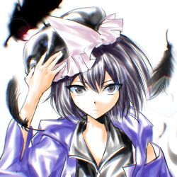  1other androgynous black_hat black_shirt chinese_commentary closed_mouth collared_shirt commentary_request detached_hood dot_nose english_commentary expressionless eyes_visible_through_hair feathers frilled_headwear hair_between_eyes hand_on_headwear hat highres hood hood_down hooded_jacket jacket len&#039;en light_frown long_sleeves looking_at_viewer mixed-language_commentary mob_cap open_clothes open_jacket other_focus purple_hair purple_jacket removing_hat shirt shitodo_kuroji short_hair simple_background single_bare_shoulder sleeveless sleeveless_shirt solo straight-on triangular_headpiece tsurime upper_body violet_eyes white_background wide_sleeves yancao_(pixiv_103434280) zipper_pull_tab 