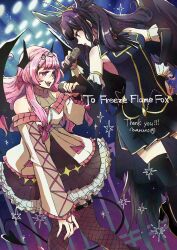  2girls :d airi_(freezeflamefox) bare_shoulders black_jacket black_shoes black_skirt black_thighhighs black_wings bow brooch clothing_cutout commission commissioner_name demon_girl demon_tail demon_wings detached_sleeves diamond_hairband fallen_angel fang feet_out_of_frame fishnet_pantyhose fishnets frilled_skirt frills gem gold_trim hair_bow hair_ornament hand_on_own_hip helmi_(jasbraq) high_heels highres holding holding_microphone idol idol_clothes jacket jewelry lapels layered_skirt long_hair long_sleeves low-tied_sidelocks maruno microphone miniskirt mixed-language_commentary multi-source_commentary multiple_girls music notched_lapels o-ring o-ring_thigh_strap original pantyhose pink_bow pink_hair purple_hair red_gemstone rivalry shoes shoulder_cutout sidelocks singing skeb_commission skirt sleeveless sleeveless_jacket smile sparkle stage_lights tail thank_you thigh-highs thigh_strap turtleneck violet_eyes wings x_hair_ornament 