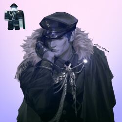  1boy beard_stubble biting biting_glove black_eyes black_gloves black_jacket black_shirt blue_hair catnip_cataria chain chain_necklace collared_shirt colored_skin cross_scar epaulettes facial_hair forsaken_(roblox) fur_collar gloves grey_skin guest_1337_(roblox) hand_on_own_face hand_up hashtag-only_commentary hat highres jacket jacket_over_shoulder jewelry looking_at_viewer male_focus narrowed_eyes necklace partially_shaded_face reference_inset scar scar_on_face shirt short_hair sideburns solo stubble unworn_jacket upper_body 