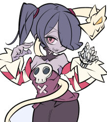  1girl bare_shoulders blue_hair cxdotchison detached_collar detached_sleeves hair_over_one_eye highres red_eyes skull_ornament skullgirls smile squigly_(skullgirls) stitched_mouth stitches 