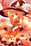  apron blonde_hair bloomers bow braid brown_dress buttons doll_hug dress hair_ribbon hat hat_ribbon highres kirisame_marisa laundry nanahamu needle open_mouth red_eyes ribbon sitting smile solo star stuffed_animal stuffed_toy teddy_bear touhou waist_apron witch witch_hat wool 