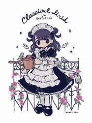  1girl apron bird black_eyes black_hair black_ribbon black_shoes double_bun dress fence frilled_apron frills fukumaru_koito full_body gooooskap hair_bun highres holding holding_watering_can idolmaster idolmaster_shiny_colors long_dress long_hair looking_to_the_side maid maid_apron maid_headdress mary_janes neck_ribbon ribbon shoes socks solo swept_bangs watering_can white_apron white_background white_socks wrist_cuffs 