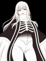 1girl absurdres bags_under_eyes black_background black_coat blue_eyes blunt_bangs bones character_request corset dani_(angrymatthew) highres lipstick long_hair long_sleeves looking_at_viewer ribcage skeleton smile solo white_collar white_hair white_legwear